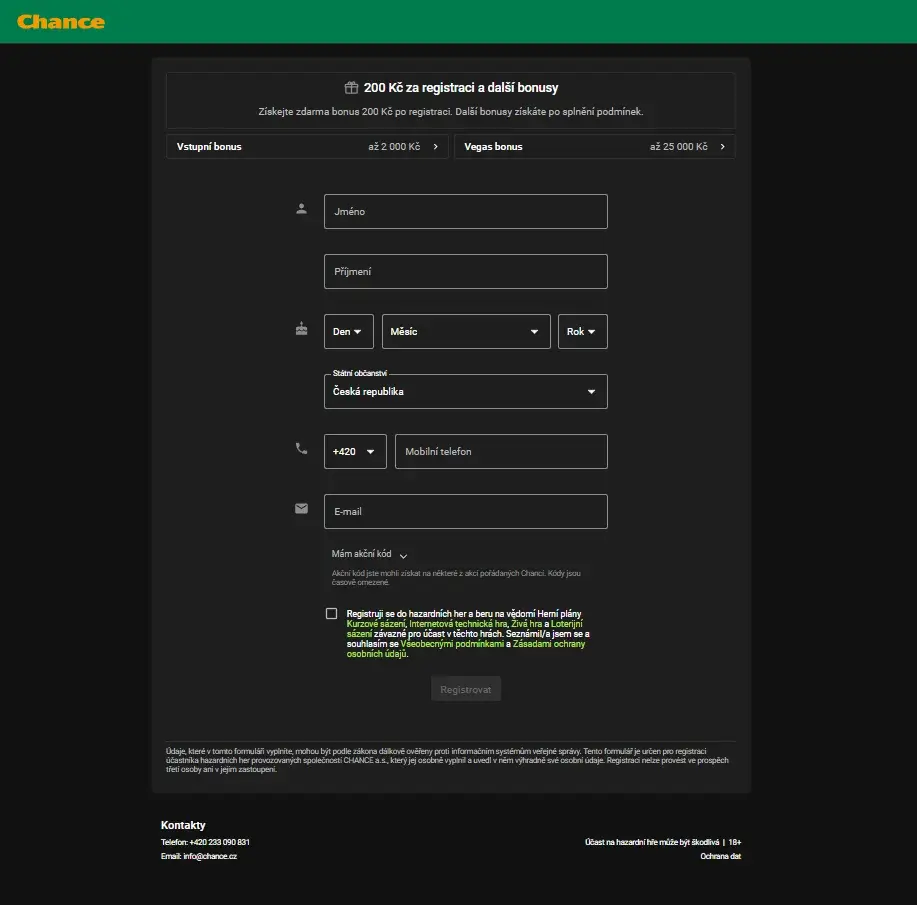Chance – Registracni formular a vstupni bonus