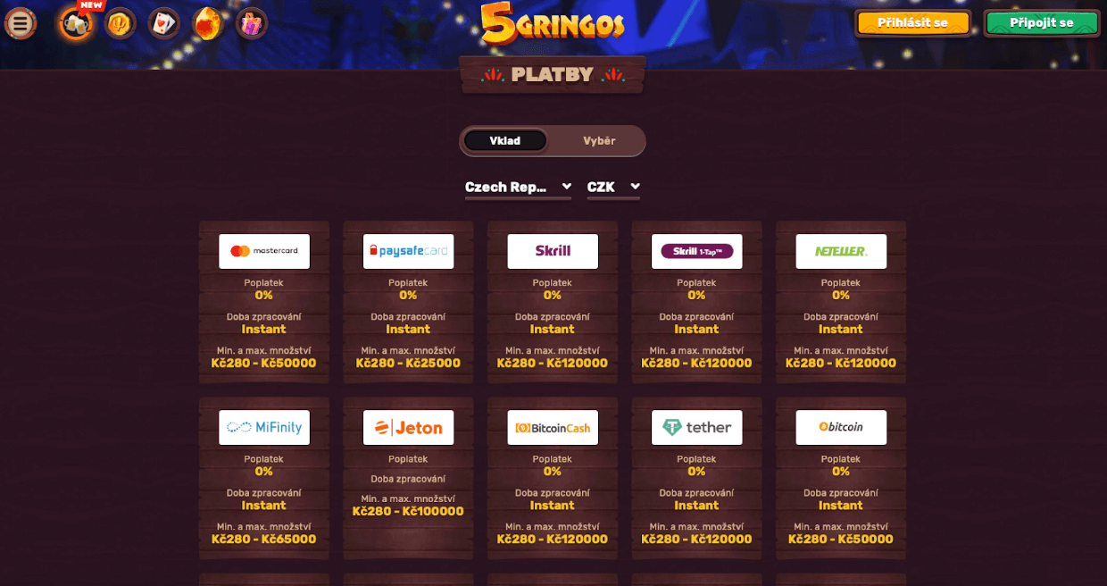 Jak si vložit peníze u 5Gringos Casino