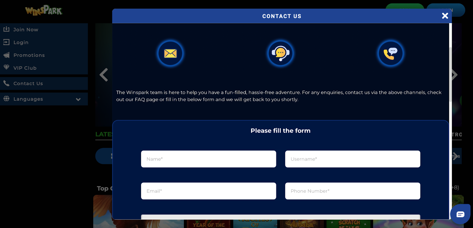 Winspark Casino Contact Form