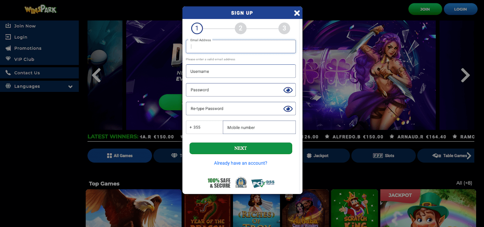 Winspark Casino Ragistration Form