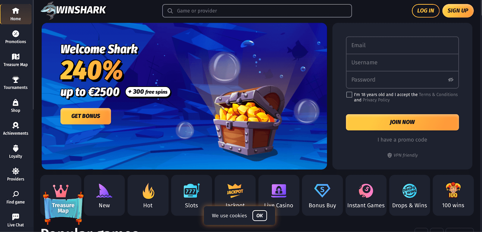 Winshark Casino Homepage