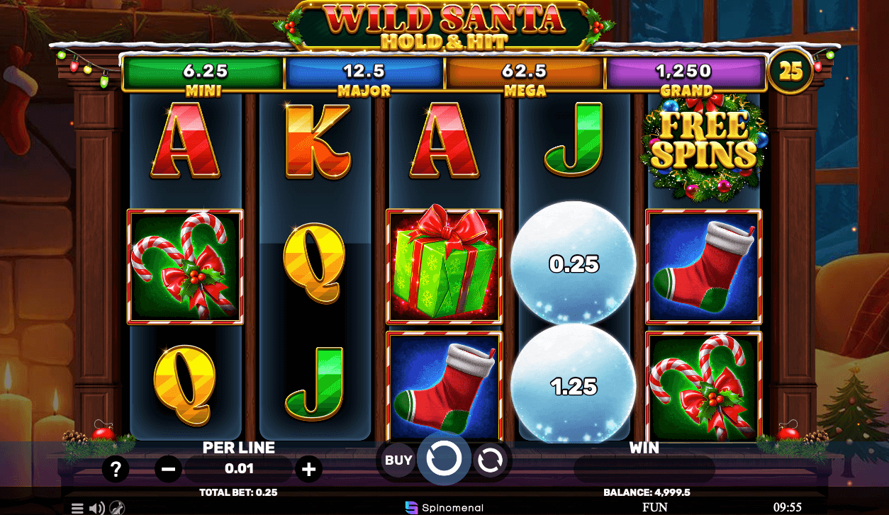 automat od spinomenal s útulným pozadím u krbu. symboly zahrnují vánoční punčochy, lízátka, dárky a sněhové koule s hodnotami výher.