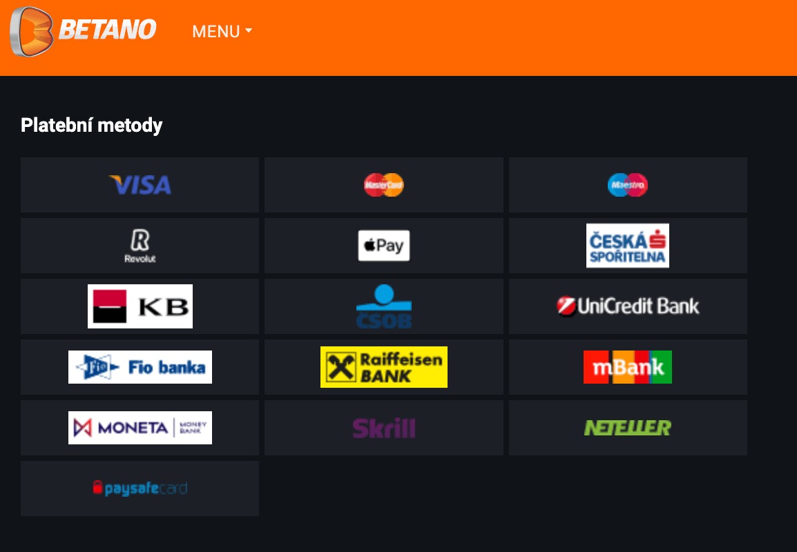 Betano casino platební metody