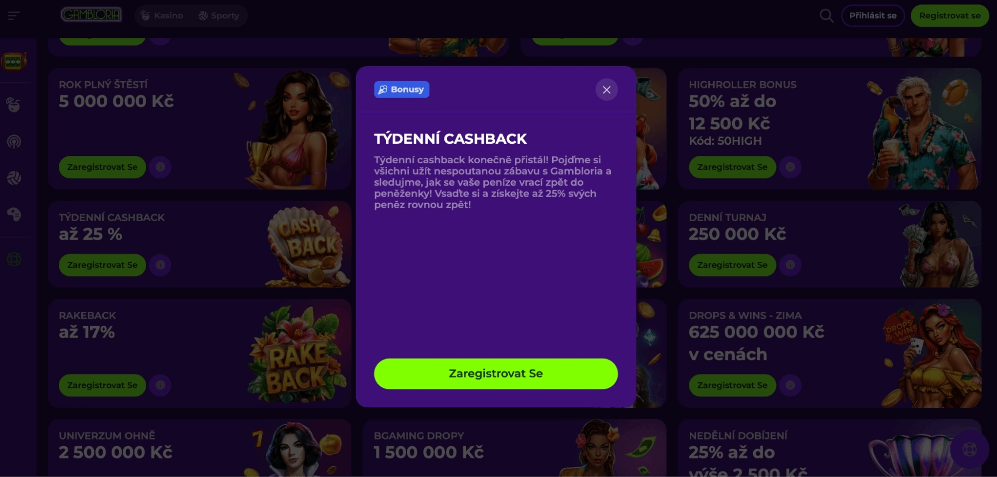 gambloria tydenni cashback bonus