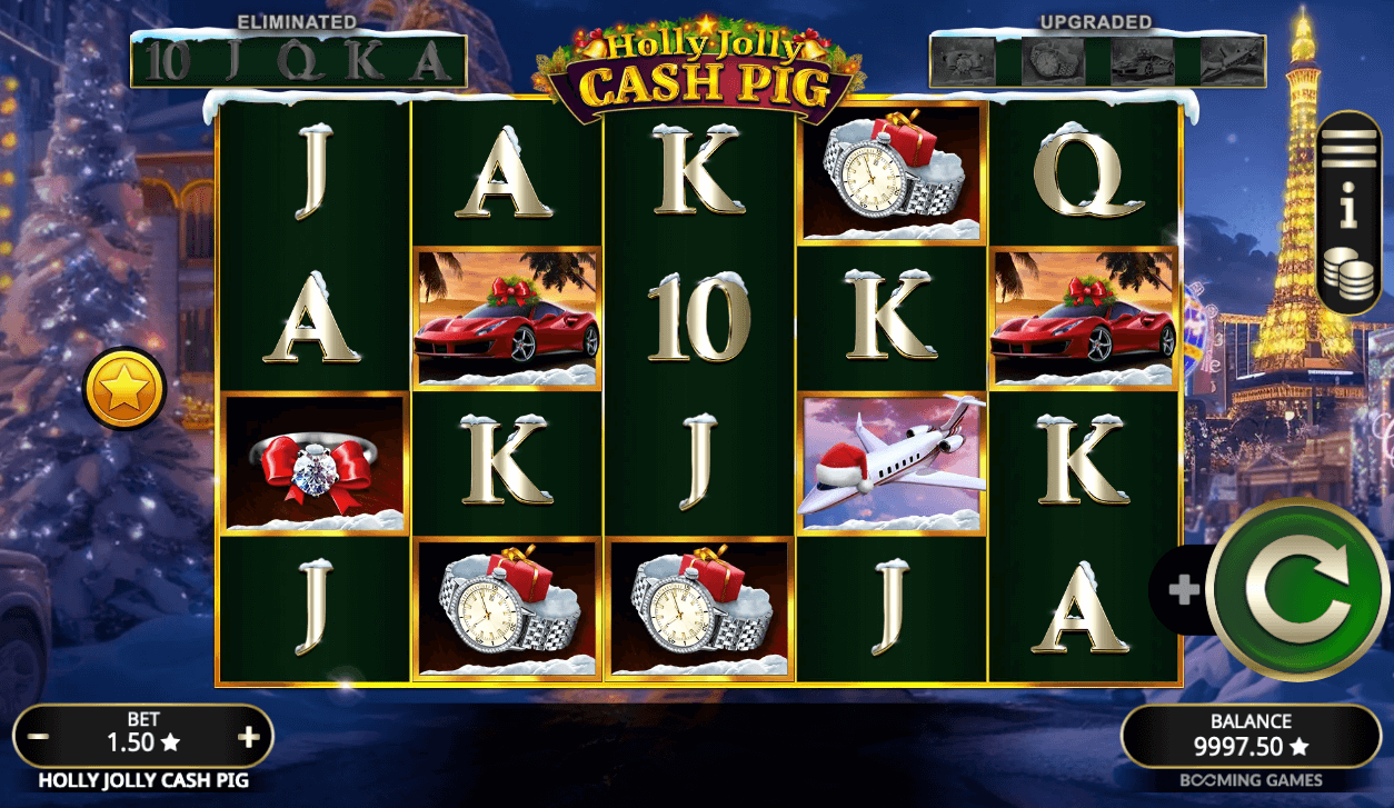 herní automat od booming games s vánoční tématikou. na válcích jsou symboly luxusních aut, hodinek, letadel a prstenů s vánočními čepicemi. v pozadí je noční las vegas.