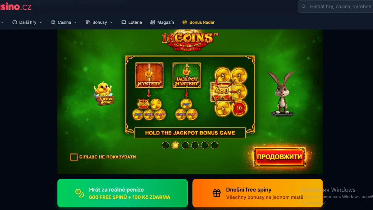 herní rozhraní 16 coins hold the jackpot easter edition s tlačítky hrát za reálné peníze a dnešní free spiny.