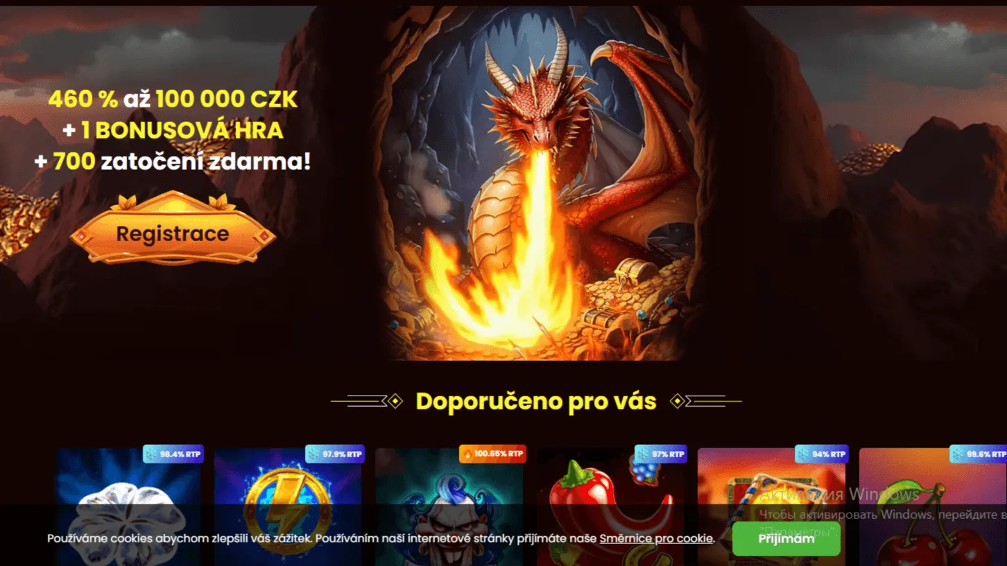 hlavni banner s drakem chrlicim ohen a nabidkou bonus az czk plus zatoceni zdarma