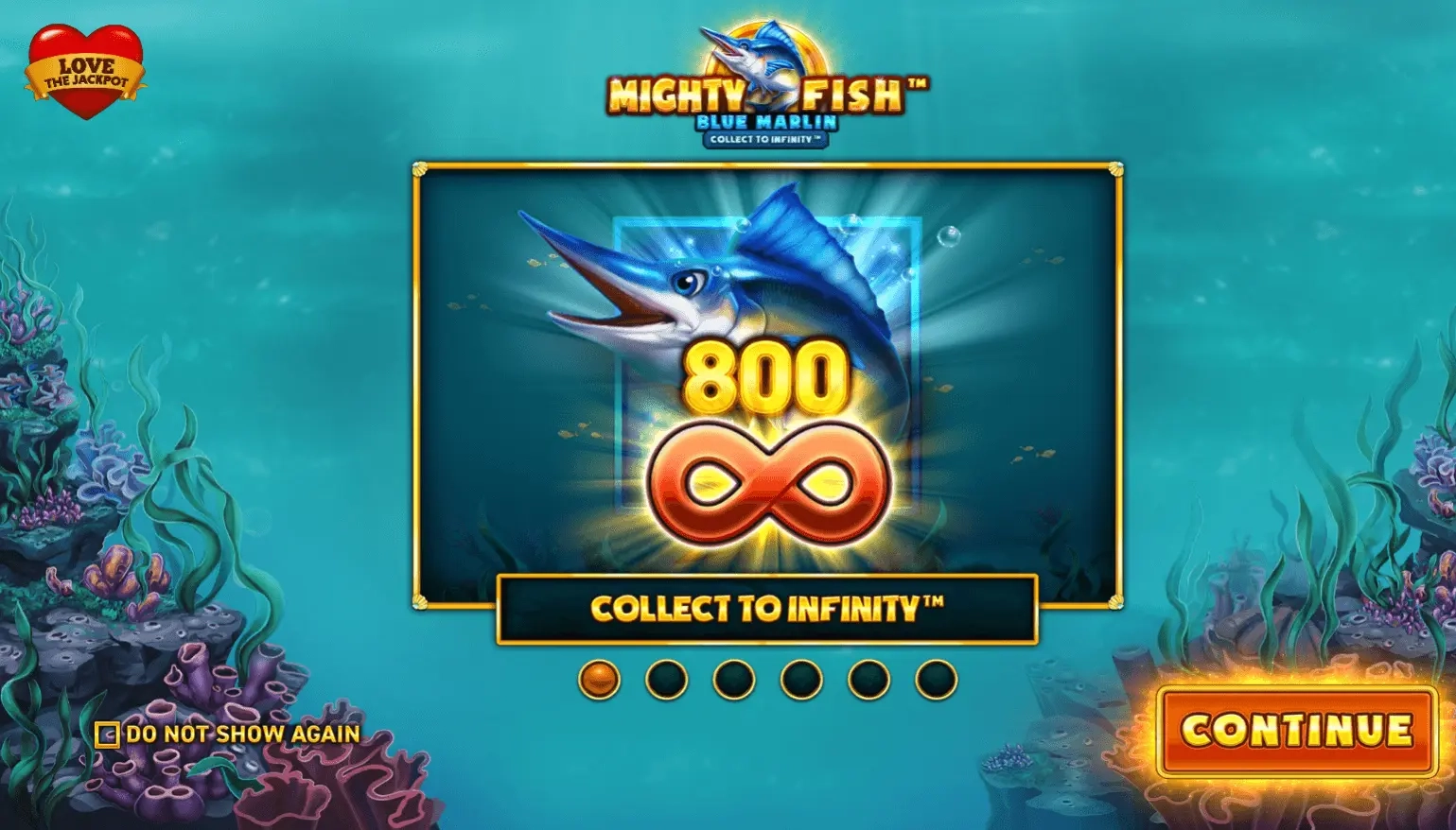 Mighty Fish Blue Marlin – Úvodní obrazovka s funkcí Collect to Infinity