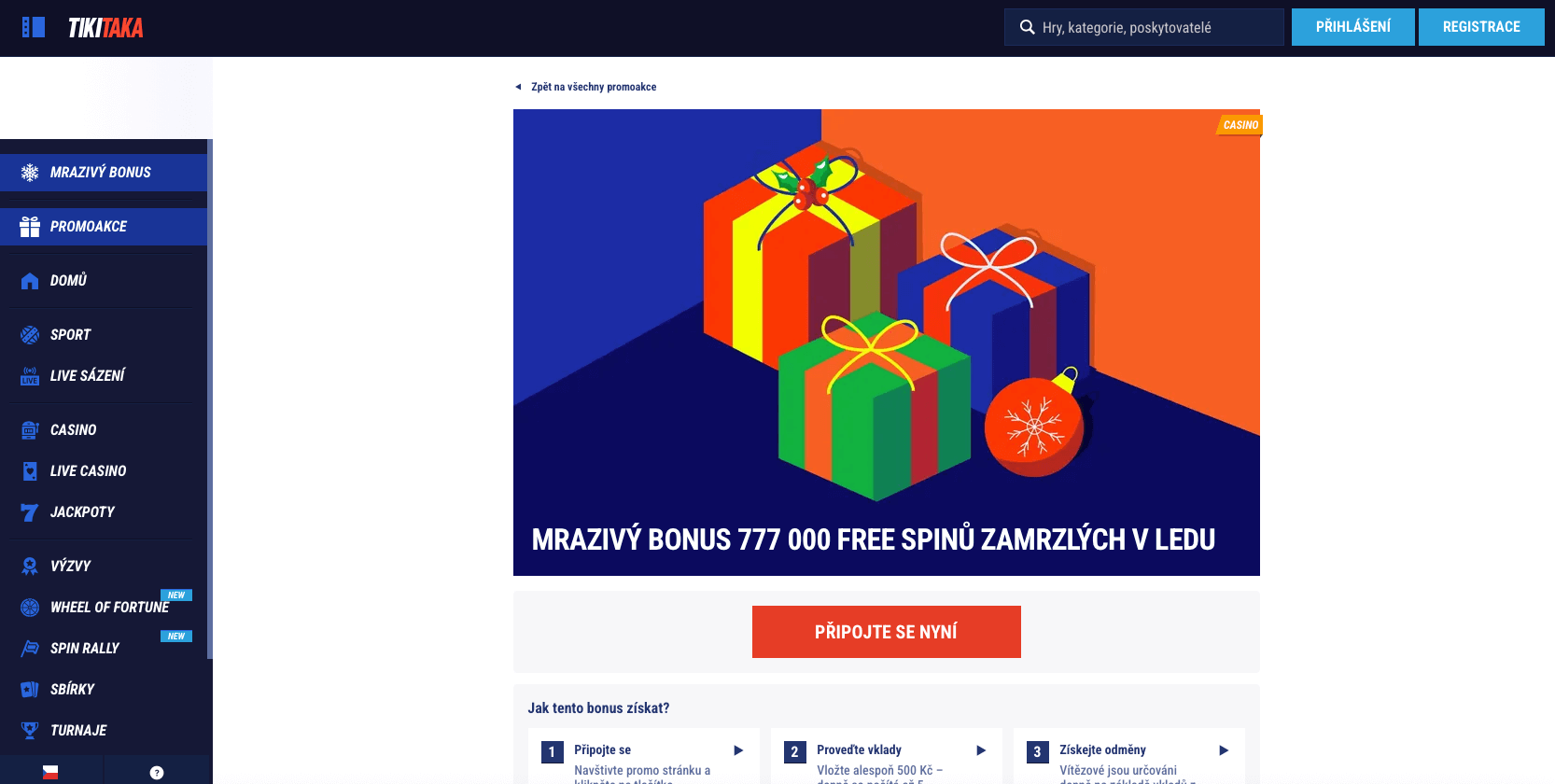 modry baner kasina tikitaka s ilustraci vanocnich darku. text nabizi „mrazivy bonus ve vysi 777 000 zatoceni zdarma. dole jsou instrukce jak bonus ziskat
