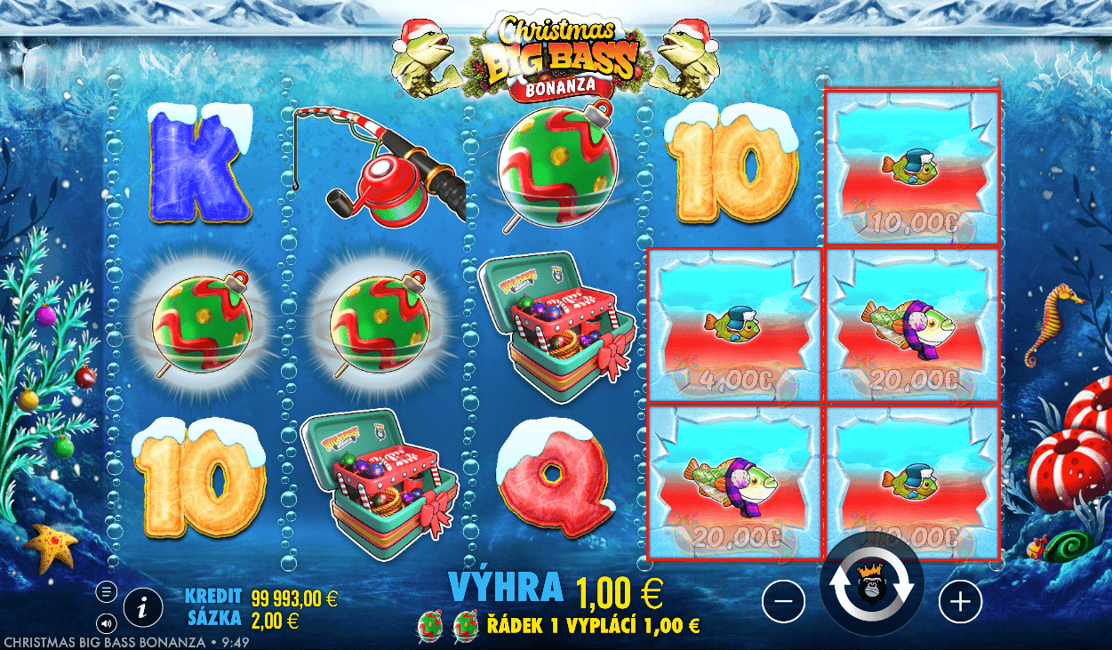 podvodní vánoční automat. symboly tvoří rybářské náčiní, vánoční ozdoby a ryby v ledu. v horní části jsou ryby se santovskými čepicemi.