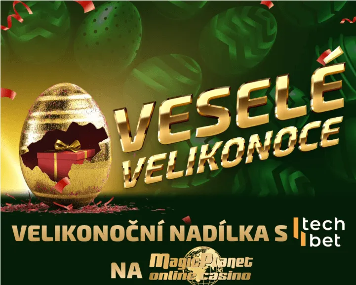 sváteční grafika veselé velikonoce a velikonoční nadílka s techbet na magic planet online casino se zlatým vejcem.