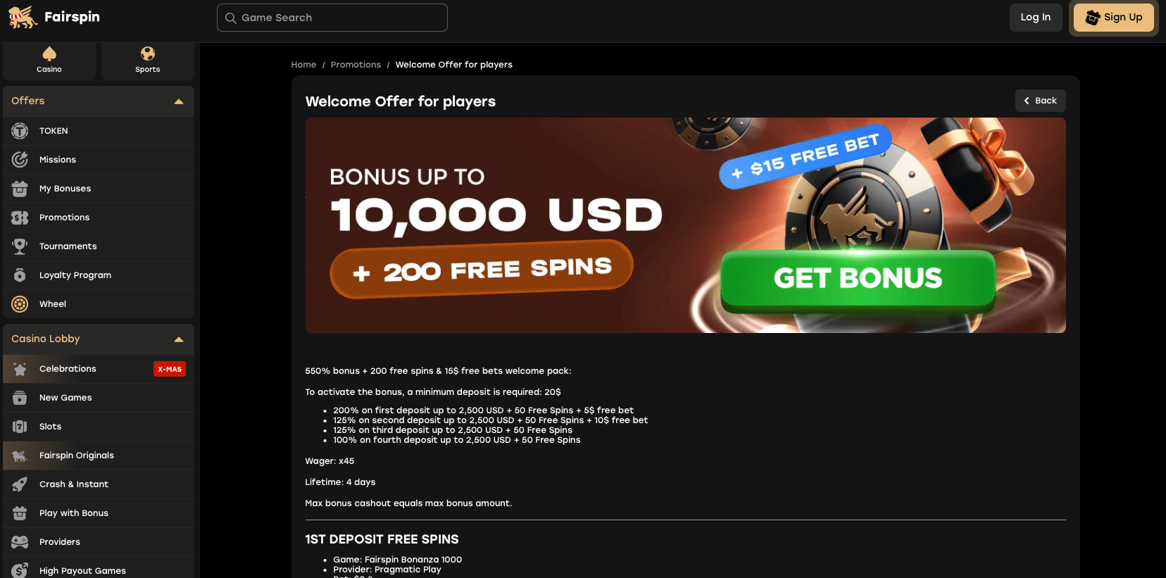 uvitaci nabidka kasina fairspin v cerne a zlate barve. nabizi bonus az 10 000 usd 200 zatoceni zdarma a sazku zdarma ve vysi 15 usd