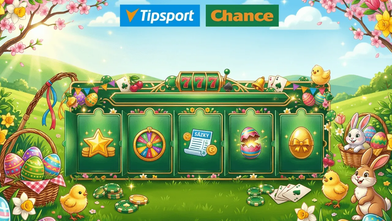 velikonocni herni scena s logy tipsport a chance zobrazujici automat se symboly sazky a zlatymi vejci