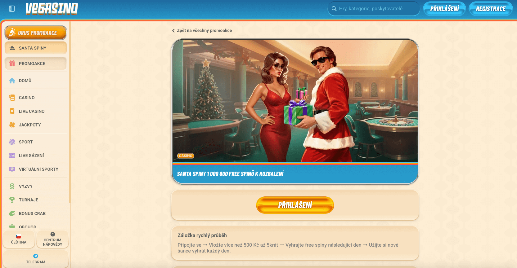 webova stranka kasina vegasino s vanocnim banerem. na obrazku je muz v kostymu santy a zena v cervenych satech oba maji slunecni bryle a drzi darky. text laka na „santa spiny a 1 000 000 zatoceni zdarma